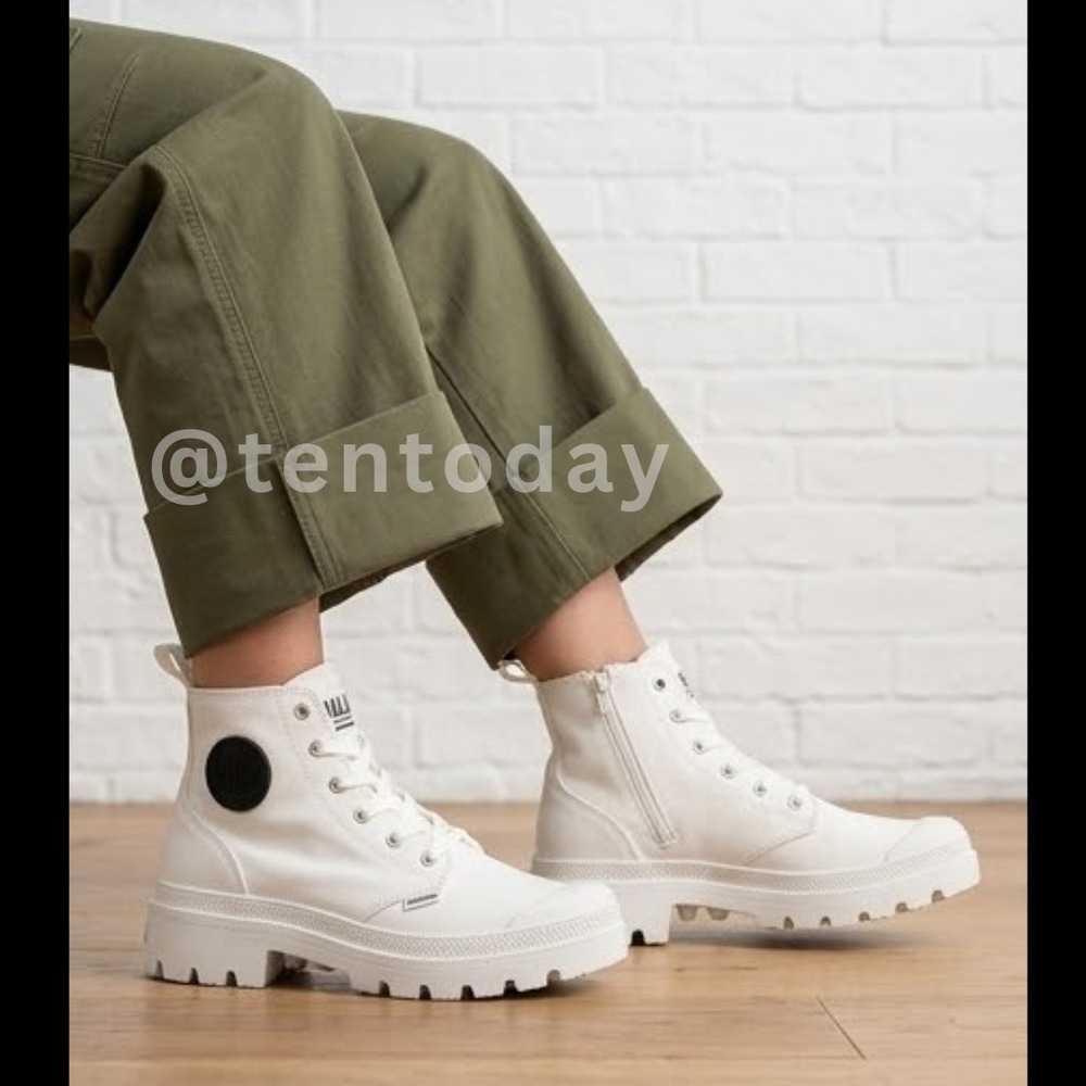 Palladium Size 6 White Canvas Chunky High Top Vegan Combat Boots Sneakers Shoes